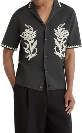 Reiss Folia Floral Embroidered Knit Camp Shirt in Anthracite Grey at Nordstrom, Size X-Large