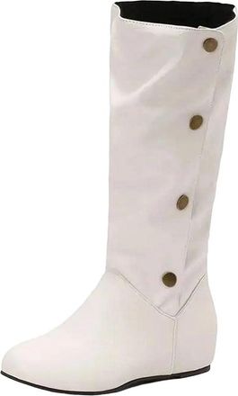 Generic Womens Casual Mid Calf Boots Round Toe Wedge Heel Slip On Style Metal Rivet Design Large Size