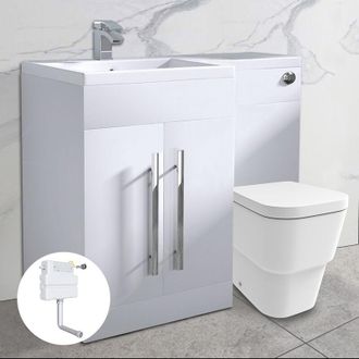 NRG Bathroom l Shape Vanity Unit Right Hand rh with Basin Sink Back to Wall btw Toilet White