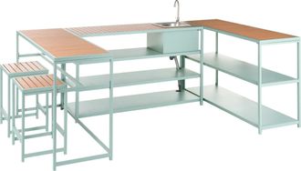 Beliani Conjunto De Cocina De Exterior De 6 Piezas Acero Encimeras Madera Pl&aacute;stica Mesa De Bar 2 Plazas Mueble Con Fregadero Verde Claro Avetrana