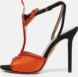 Charlotte Olympia Orange/black Fabric And Suede Ankle Strap Sandals