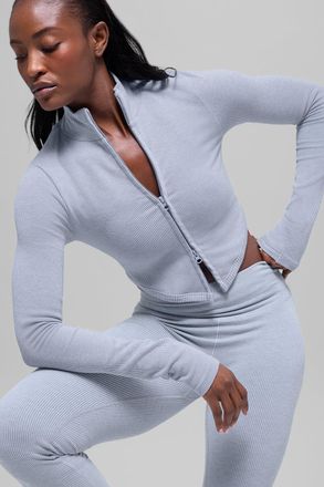 Alo | Seamless Two Tone Rib Jacket in Winter Frost Heather, Size: Medium