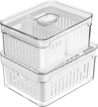 Ou Clear Stackable Fridge Organizer Bins with Drain Baskets and Vented Lids, 2 Pack in Clear With White Drainer at Nordstrom