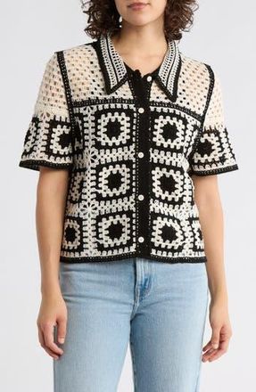 Forgotten Grace Open Knit Square Short Sleeve Cardigan in Natural/Black at Nordstrom Rack, Size X-Large
