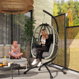 OUTSUNNY Hanging Swing Chair w/ Thick Cushion, Rope Structure Patio Hanging Chair, Dark Grey