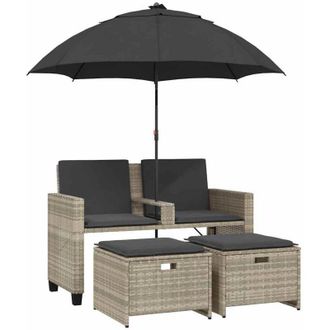 vidaXL Vidaxl - Divano 2Posti Ombrellone e Sgabelli Grigio Chiaro Polyrattan