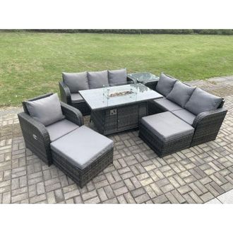 Fimous 9 Seater Wicker Rattan Garden Furniture Set Gas Fire Pit Dining Table Reclining Chair 3 Seater Sofa Set Indoor Outdoor with Side Table 2 Small
