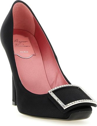 Roger Vivier Womens Rhinestone-Buckle Square-Toe Pump Black Viscose Silk