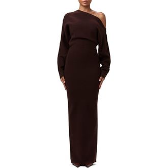 Naked Wardrobe One-Shoulder Long Sleeve Maxi Sweater Dress in Dark Chocolate at Nordstrom, Size Medium