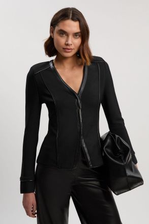 Karen Millen Womens Petite Bandage PU Detail V Neck Top - Black - Size 12 UK