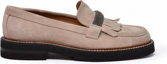 Eleventy Beige Fringe Detail Textured Strap Suede Loafers