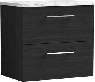 Nuie Nuie - Arno Wall Hung 2-Drawer Vanity Unit with Carrera Marble Worktop 600mm Wide - Charcoal Black Woodgrain