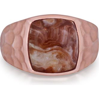 LuvMyJewelry Red Lace Agate Sterling Silver Textured Men Signet Ring in 14Kt Rose Gold Vermeil at Nordstrom, Size 10.5
