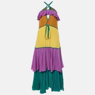 Dsquared2 Purple Colorblock Silk Ruffled Sleeveless Long Dress