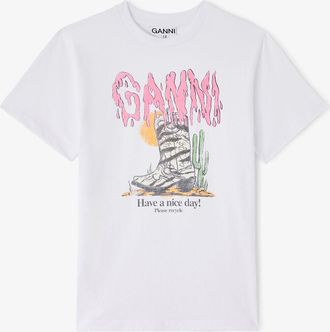 Ganni White T-shirt with Zebra Western Boot - Size XXS Organic Cotton