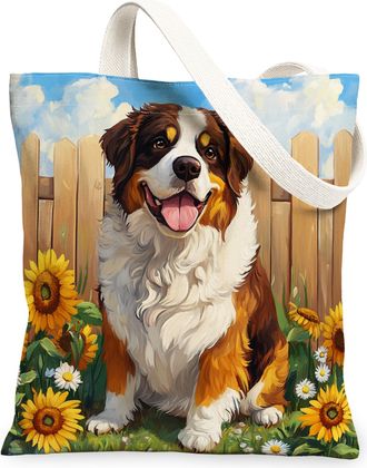 Generic Spring St. Bernard Dog Canvas Tote Bag for Shopping 13x15, Sunflower Fence Puppy Reusable Grocery Print Bag for Women, Farmhouse Pet Beach Aesthetic P
