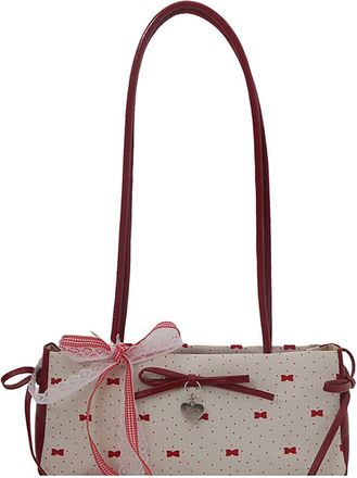 Generic Womens Cute Lace Shoulder Bag, PU Handbag with Bow and Pendant, Comfortable Double Strap Design, Applies to Weddings or Evening Parties (White,29 * 9 