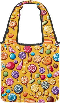 Generic Yellow Candy Pattern Reversible Canvas Shoulder Tote - Double-Sided Print, 12oz Cotton, 27cm Drop, Fold-Flat Bag for Travel, Shopping, Street Outings