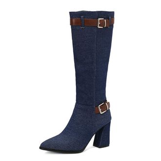 Generic Womens Buckle Strap Fashion Denim Knee High Boots Pointed Toe Block Heel Winter Shoes Pull On with Side Zipper (5.5,Deep Blue)
