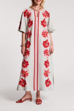 Frances Valentine Charming Caftan Maxi Georgia Embroidery in Light Blue/red/pink at Nordstrom, Size X-Large