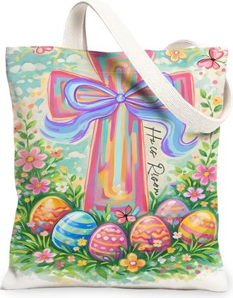 Generic Easter Floral Canvas Tote Bags, Colorful Eggs Design Reusable Grocery Bags, Spring Vintage Chic Lightweight Washable Canvas, Colorful, 13x15 Inch