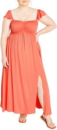 City Chic Tiarne Smocked Maxi Dress in Hot Coral at Nordstrom Rack, Size Xl/22W