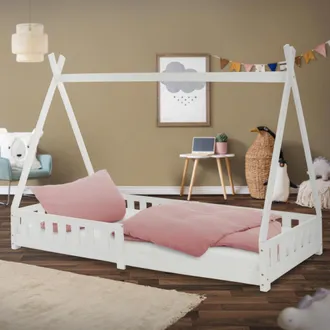 ML Design Ml-design Letto A Terra Per Bambini Design Tipi 90 X 200 Cm Bianco, Struttura In Legno Di Pino Massiccio, Con Sponde Protezione Anticaduta, Lettino Te