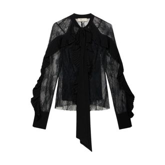 Blumarine Kanten blouse met geplooide volant - Dames - Blouses & Shirts - Zwart - Maat: XS Satijn