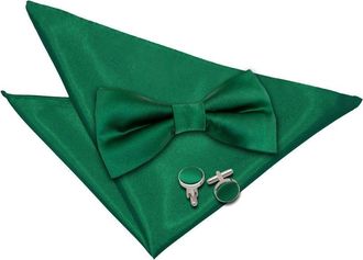 DQT Men Pre-Tied Plain Satin Wedding Bow Tie + Pocket Square & Cufflinks Set - Emerald Green