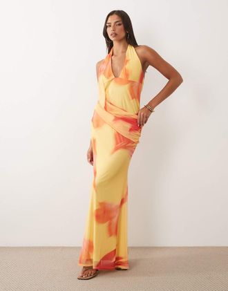 Asos Vestito lungo allacciato al collo in rete con dettaglio drappeggiato giallo a fiori-Multi