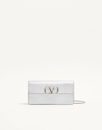 Valentino Garavani Portafoglio Con Catena VLogo Signature In Vitello Granato Metallizzato Donna SILVER UNI