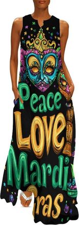 Generic Peace Love Mardi and The Gras Womens Maxi Dresses Sleeveless Ankle Length Ruffle Flowy Dress Casual Sundress with Pockets XL
