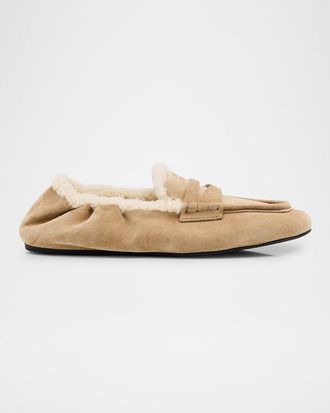 Miu Miu Shearling Lined Suede Penny Loafers