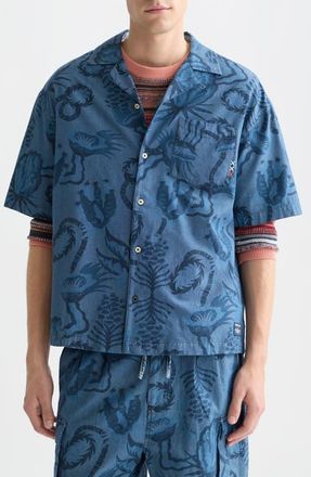 Scotch & Soda Floral Cotton Chambray Camp Shirt in Desert Floral Indigo at Nordstrom, Size Xx-Large