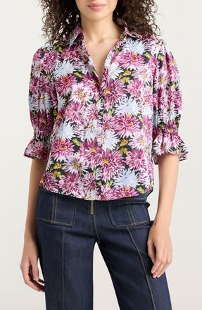 Cinq &agrave; Sept Fiona Dahlia Print Button-Up Shirt in Lavender Crystal Multi at Nordstrom, Size X-Small