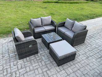 Fimous 5 Piece Garden Furniture Sets 6 Seater Outdoor Patio Furniture Set Weaving Wicker Rattan Sofa Chair & Table with Big Footstool in Dark Grey