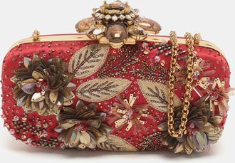 Oscar De La Renta Oscar De La Renta Metal Frame Embellished Red Satin Clutch