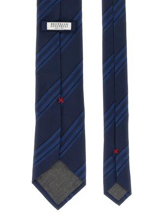 Brunello Cucinelli Diagonal Striped Silk Necktie - Navy