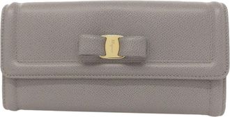 Ferragamo Gray Leather Long Wallet (Tri-Fold) (Pre-Owned)