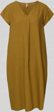 Soyaconcept Knielanges Leinenkleid mit V-Ausschnitt Modell Ina in Khaki, Gr&ouml;&szlig;e XXL
