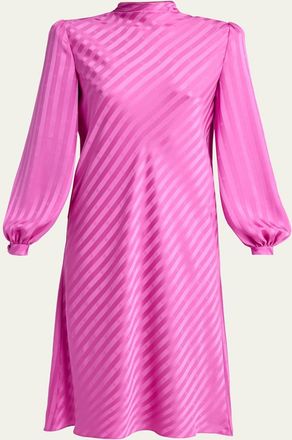 Valentino Garavani V-Logo Striped Silk Puff-Sleeve Shift Dress