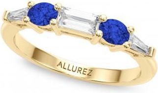 Allurez Baguette Lab Grown Diamond & Oval Blue Sapphire Wedding Ring Band 14K Yellow Gold (0.85ct)