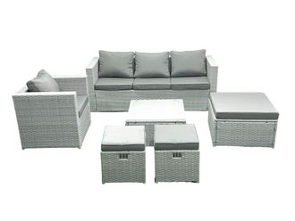 Fimous 6 Seater Rattan Garden Furniture Set with 3 Seater Sofa Chair Square Coffee Table 3 Footstools Light Grey Mixed