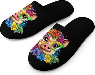 Generic Pigs Rose Floral Mens Slippers Warm Non-Slip Houes Shose Spa Slipper for Home Bedroom