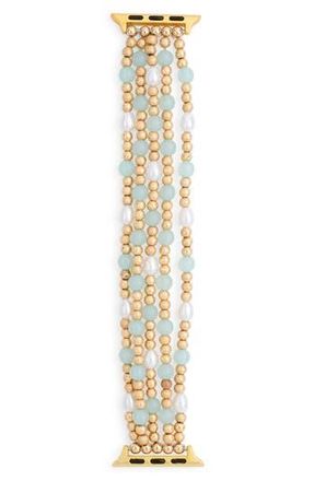 Nordstrom Rack Bead & Faux Pearl Apple Watch Watchband in Mint- White- Gold at Nordstrom Rack