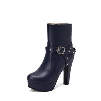 Generic Womens Studded Buckle Ankle Boots PU Leather Round Toe High Block Heels Platform Zip Closure Stylish Durable Comfortable Design,Blue,4.5 UK