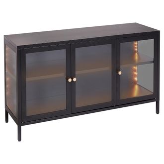 Beliani Aparador Moderno Led De Acero Vidrio Templado 3 Puertas Estantes Ajustables Negro Newport