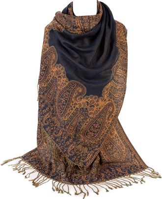 World of Shawls Ladies Paisley Bordered Pashmina Feel Shawl Scarf Wrap Stole Luxuriously Warm Soft Vibrant (Black and Orange)