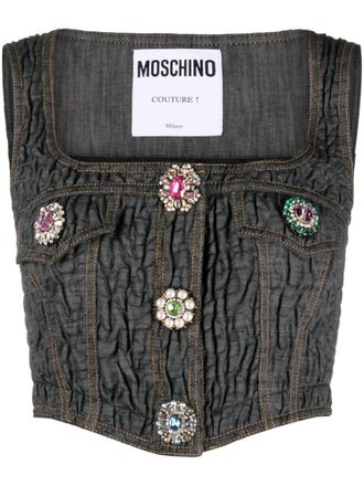 Moschino brooch-embellished denim bustier - women - Spandex/Elastane/Cotton/Polyester - 44 - Black