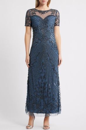Pisarro Nights Illusion Beaded Mesh Column Gown in Coastal Blue 455 at Nordstrom, Size 14